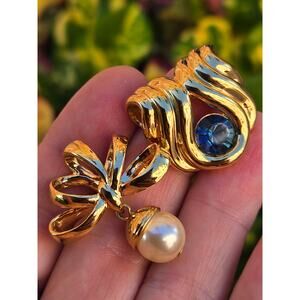 2 Vintage Nolan Miller Gold Tone Slider Pendants, Faux Topaz and Pearl